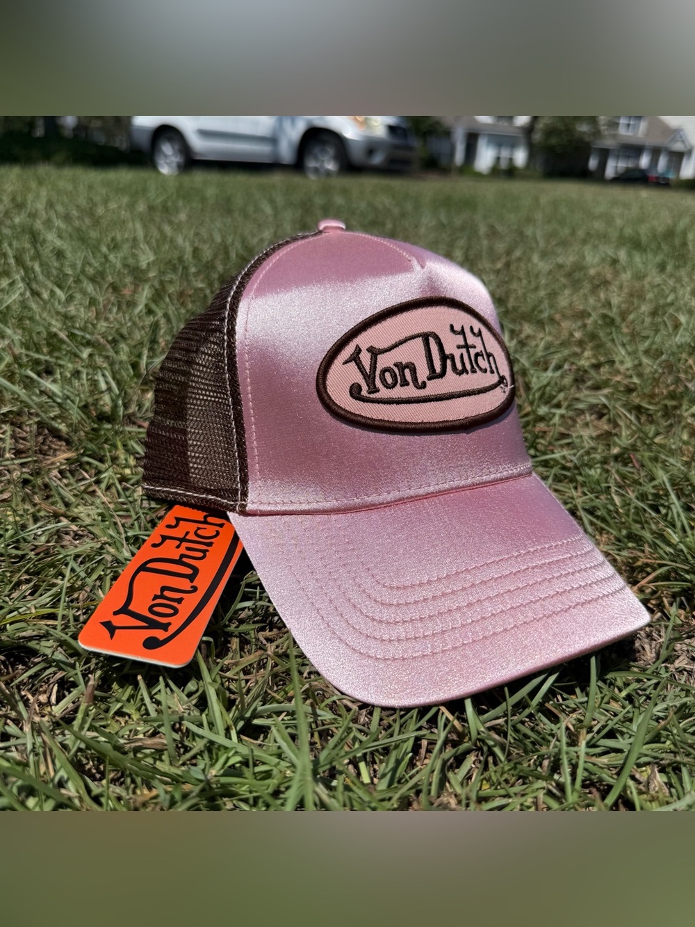 Von Dutch Shiny Pink Satin Trucker Hat with Brown Mesh unisex